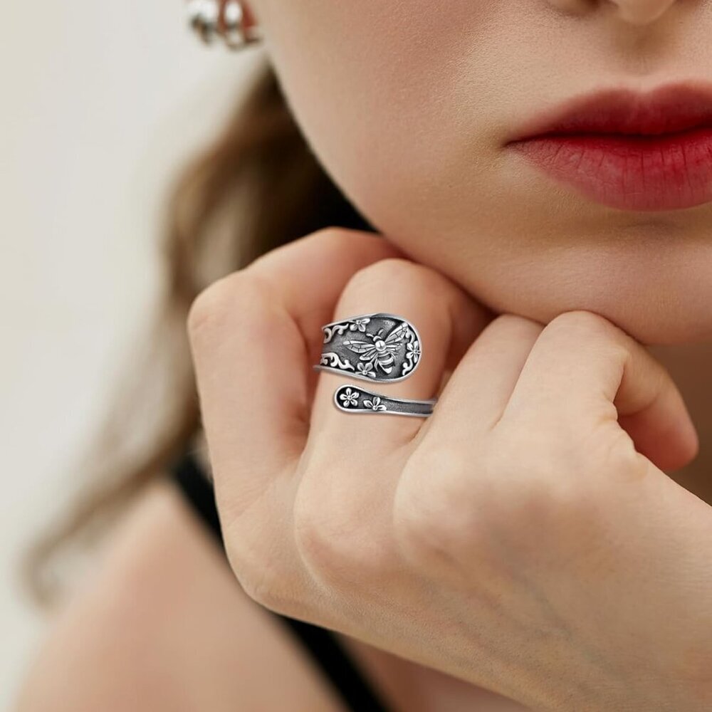 Sterling Silver Adjustable Vintage Spoon Ring Women Bee Sunflower Gift - Picture 3 of 5